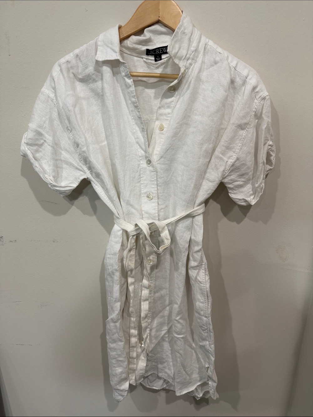 J. Crew White Linen Short-Sleeve Button Shirt with Self-Tie Waist
